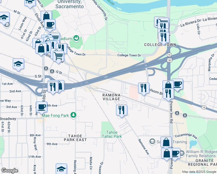 map of restaurants, bars, coffee shops, grocery stores, and more near 7324 Folsom Boulevard in Sacramento