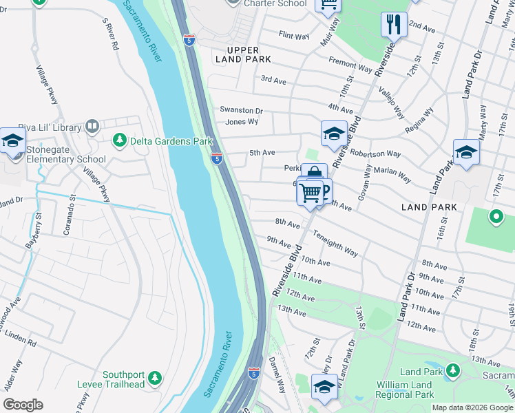 map of restaurants, bars, coffee shops, grocery stores, and more near 805 8th Avenue in Sacramento