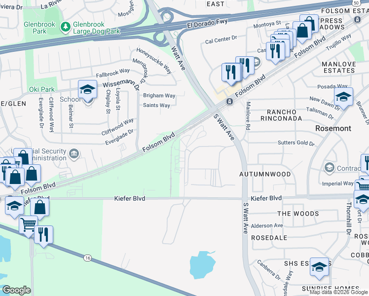 map of restaurants, bars, coffee shops, grocery stores, and more near Reith Court in Sacramento