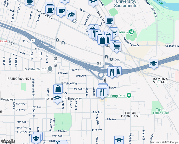 map of restaurants, bars, coffee shops, grocery stores, and more near 6283 2nd Avenue in Sacramento