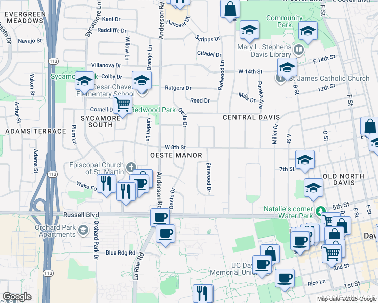 map of restaurants, bars, coffee shops, grocery stores, and more near 750 Oeste Drive in Davis
