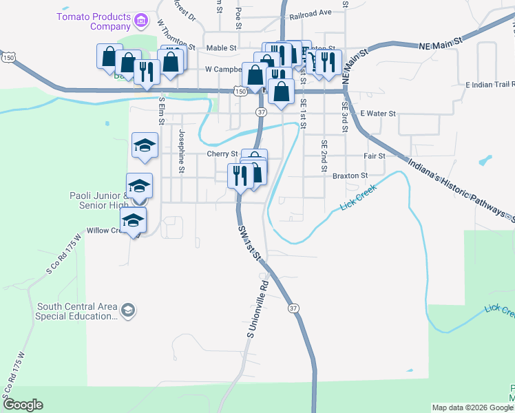 map of restaurants, bars, coffee shops, grocery stores, and more near 520 Southwest 1st Street in Paoli