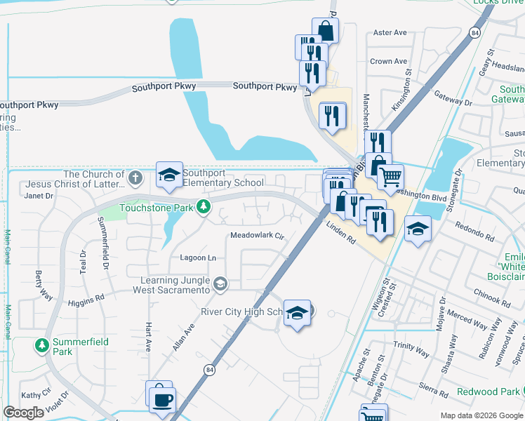 map of restaurants, bars, coffee shops, grocery stores, and more near 325 Bridge Place in West Sacramento