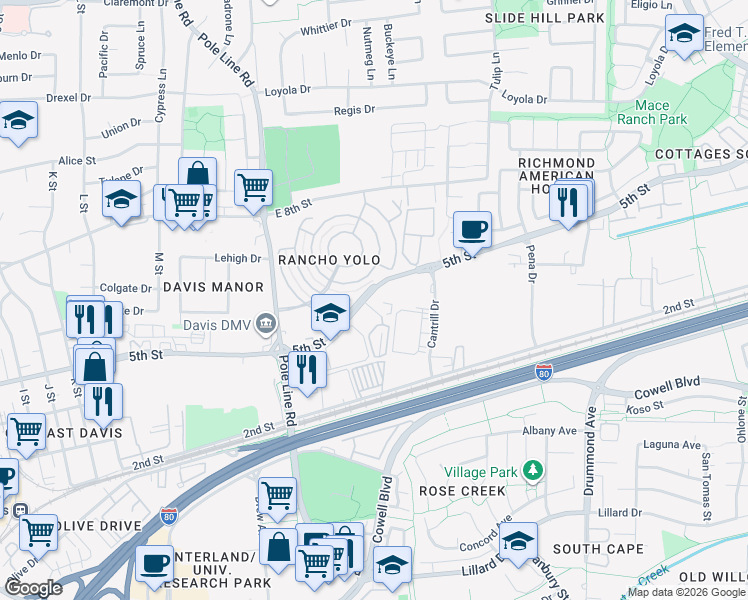 map of restaurants, bars, coffee shops, grocery stores, and more near 2300 5th Street in Davis