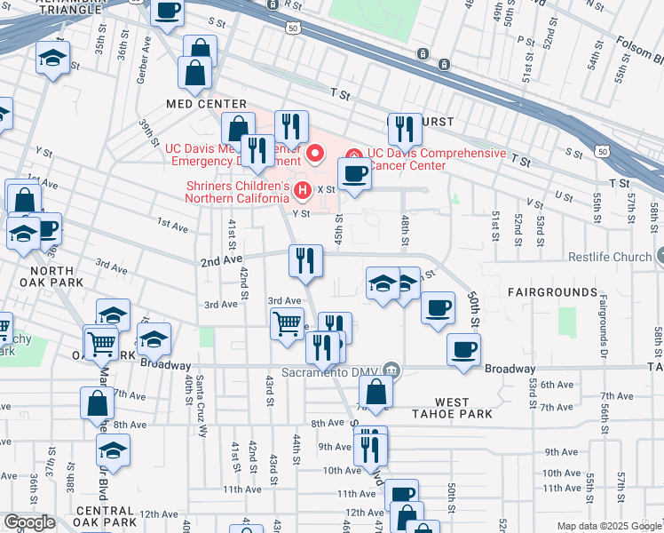map of restaurants, bars, coffee shops, grocery stores, and more near 2751 Stockton Boulevard in Sacramento