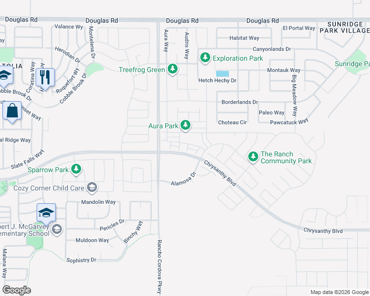 map of restaurants, bars, coffee shops, grocery stores, and more near 4713-4721 Jaeger Road in Rancho Cordova