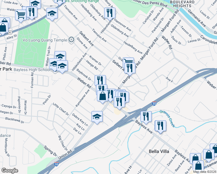 map of restaurants, bars, coffee shops, grocery stores, and more near 4325 Weber Road in St. Louis