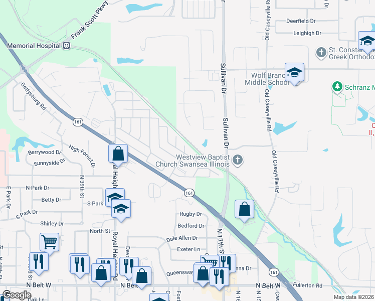 map of restaurants, bars, coffee shops, grocery stores, and more near 1600 Hanna Drive in Belleville