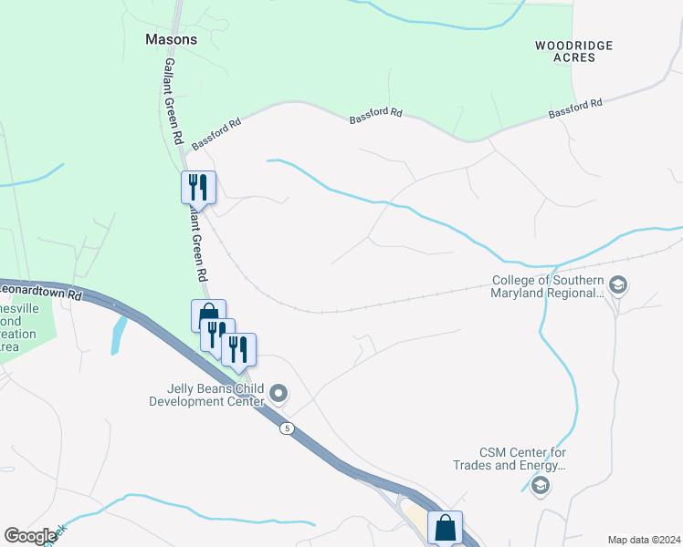 map of restaurants, bars, coffee shops, grocery stores, and more near 15172 Robbers Roost Court in Waldorf