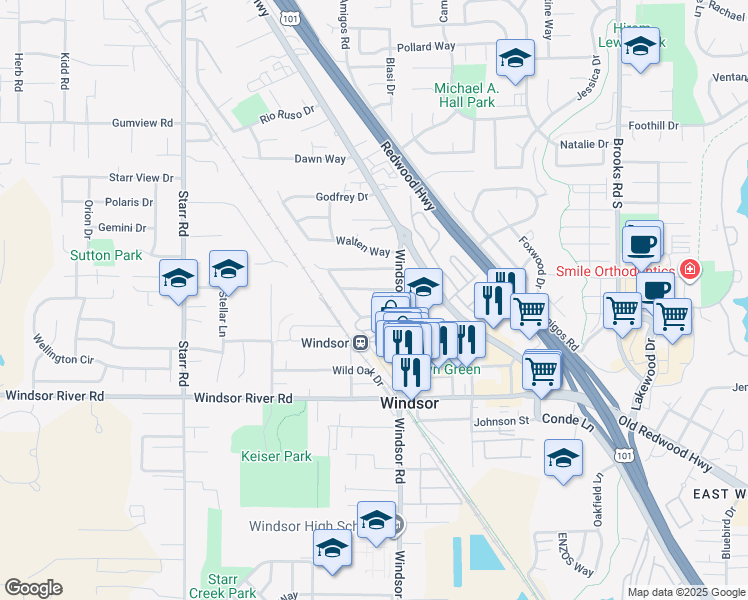 map of restaurants, bars, coffee shops, grocery stores, and more near 9200 Kyle Court in Windsor