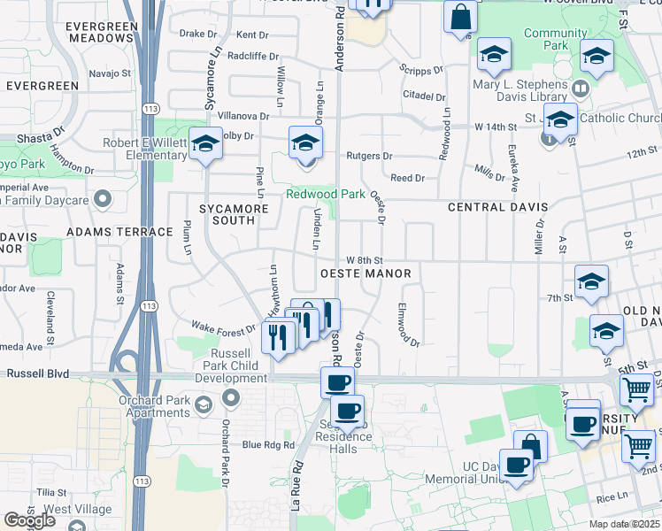 map of restaurants, bars, coffee shops, grocery stores, and more near 759 Anderson Road in Davis