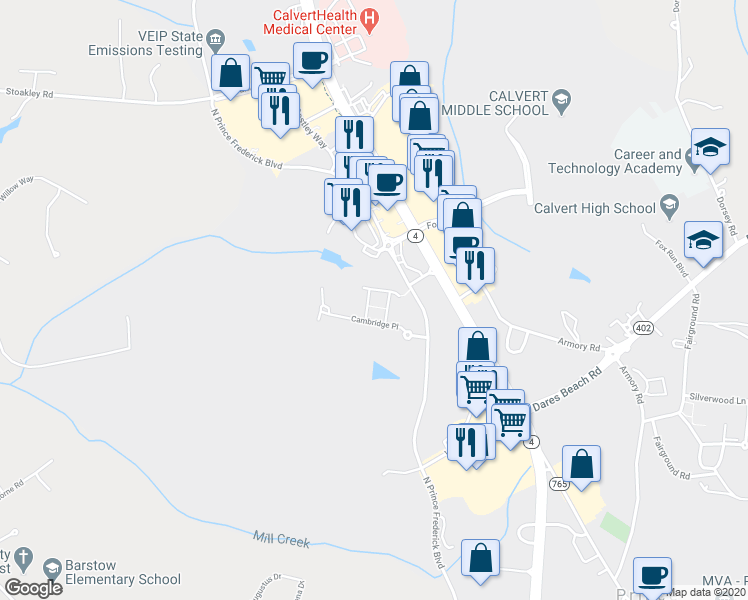 map of restaurants, bars, coffee shops, grocery stores, and more near 541 Bridgeport Place in Prince Frederick