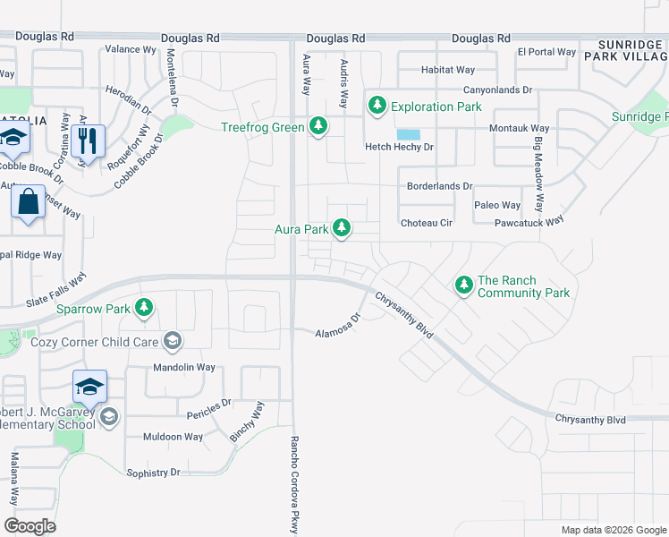 map of restaurants, bars, coffee shops, grocery stores, and more near 4713-4721 Jaeger Road in Rancho Cordova