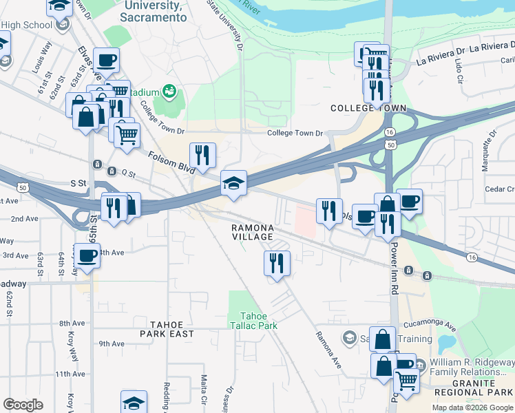 map of restaurants, bars, coffee shops, grocery stores, and more near 7400 Folsom Boulevard in Sacramento