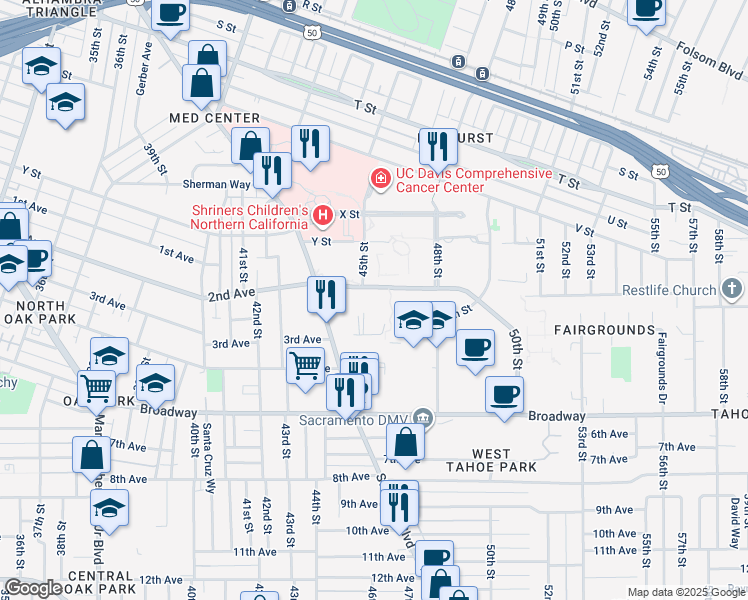 map of restaurants, bars, coffee shops, grocery stores, and more near 2751 Stockton Boulevard in Sacramento