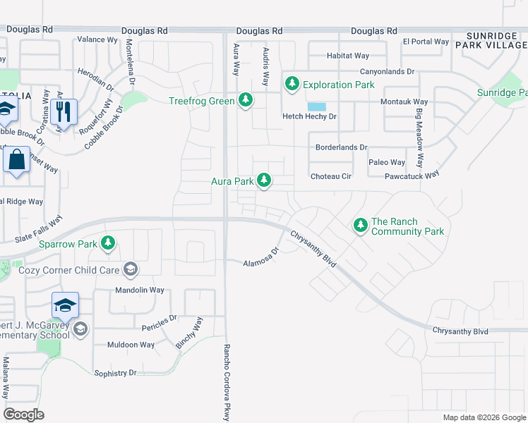 map of restaurants, bars, coffee shops, grocery stores, and more near 4713-4721 Jaeger Road in Rancho Cordova