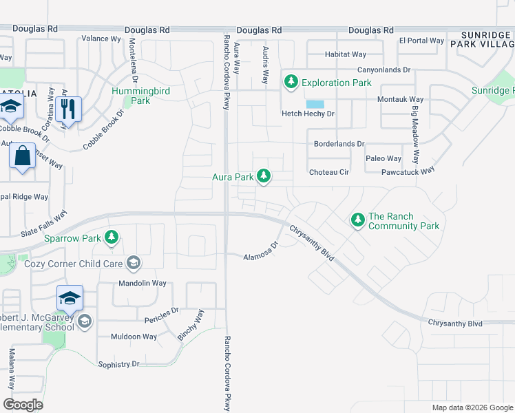map of restaurants, bars, coffee shops, grocery stores, and more near 4713-4721 Jaeger Road in Rancho Cordova