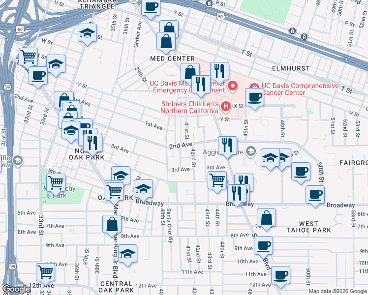 map of restaurants, bars, coffee shops, grocery stores, and more near in Sacramento