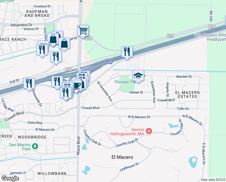 map of restaurants, bars, coffee shops, grocery stores, and more near 5018 Swingle Drive in Davis