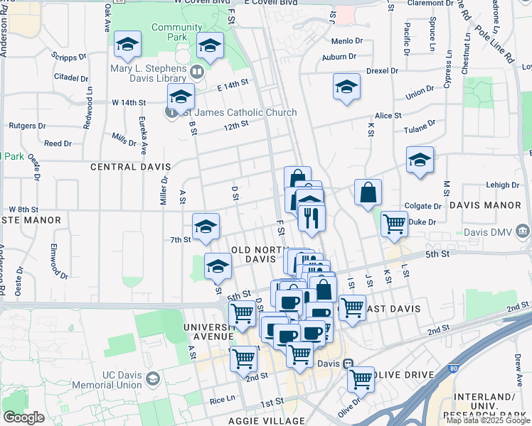 map of restaurants, bars, coffee shops, grocery stores, and more near 601 7th Street in Davis