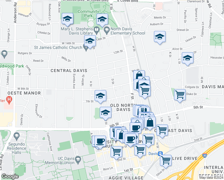 map of restaurants, bars, coffee shops, grocery stores, and more near 425 7th Street in Davis