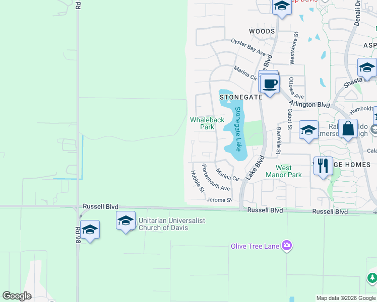map of restaurants, bars, coffee shops, grocery stores, and more near 3411 Bermuda Avenue in Davis