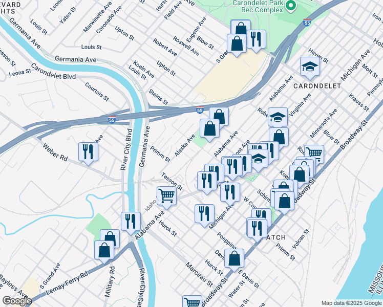 map of restaurants, bars, coffee shops, grocery stores, and more near 807 Courtois Street in St. Louis