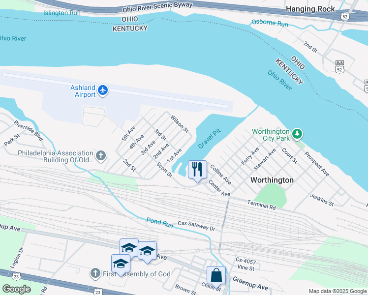 map of restaurants, bars, coffee shops, grocery stores, and more near in Worthington