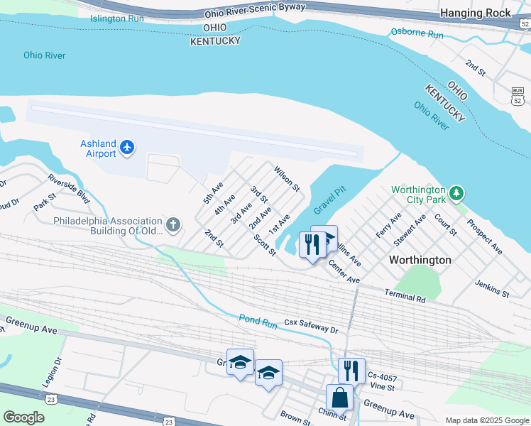 map of restaurants, bars, coffee shops, grocery stores, and more near 399 2nd Avenue in Worthington