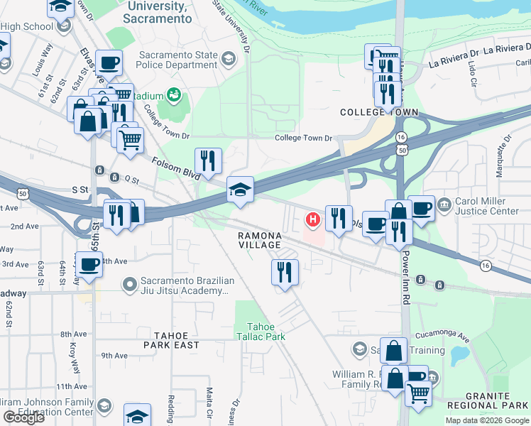 map of restaurants, bars, coffee shops, grocery stores, and more near 7400 Folsom Boulevard in Sacramento