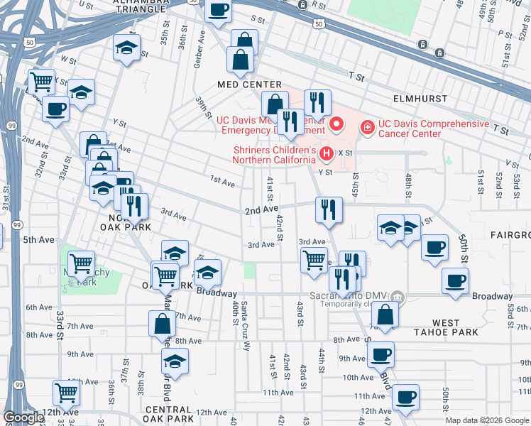 map of restaurants, bars, coffee shops, grocery stores, and more near in Sacramento