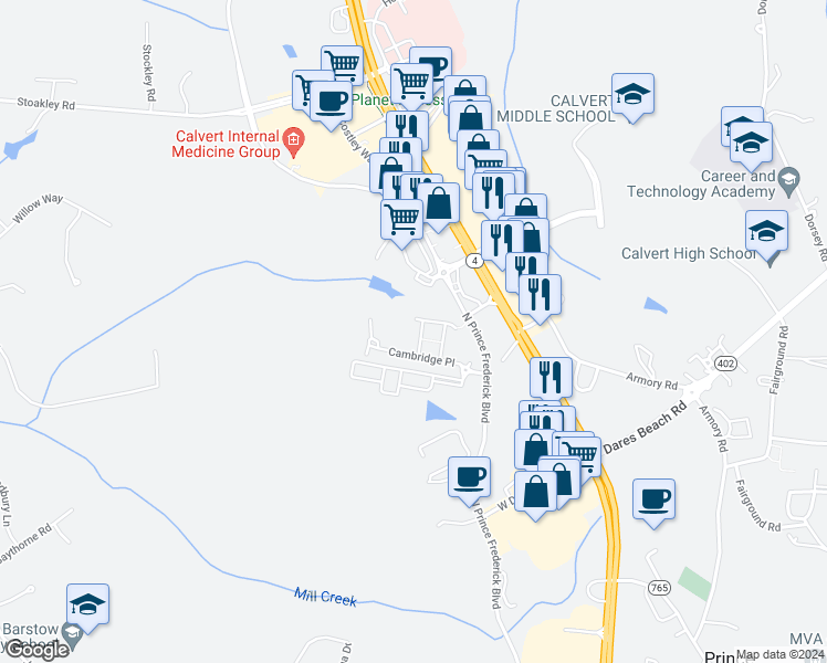 map of restaurants, bars, coffee shops, grocery stores, and more near 540 Bridgeport Place in Prince Frederick