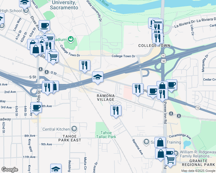 map of restaurants, bars, coffee shops, grocery stores, and more near 7324 Folsom Boulevard in Sacramento