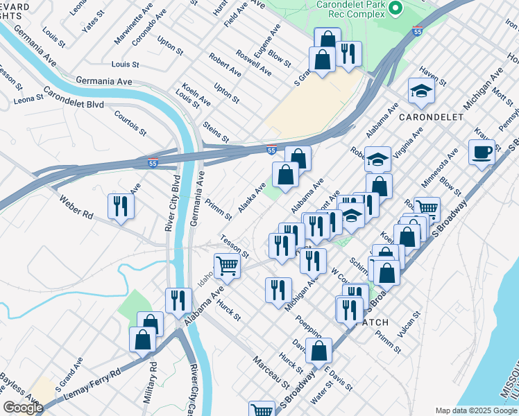 map of restaurants, bars, coffee shops, grocery stores, and more near 809 Courtois Street in St. Louis