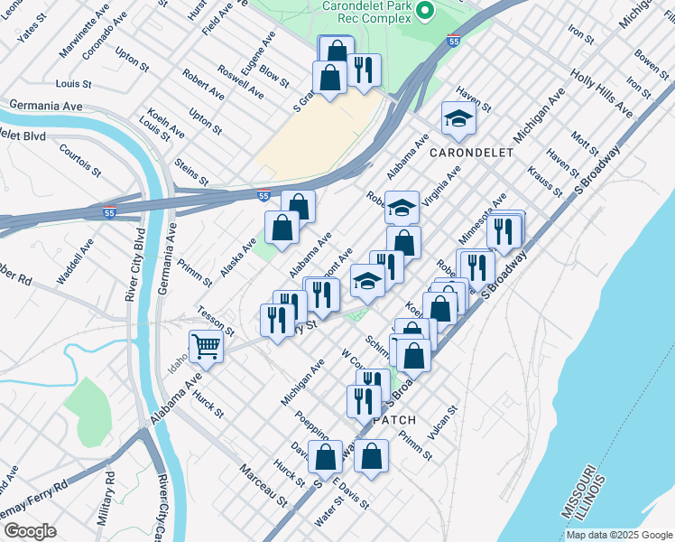 map of restaurants, bars, coffee shops, grocery stores, and more near 7520 Vermont Avenue in St. Louis