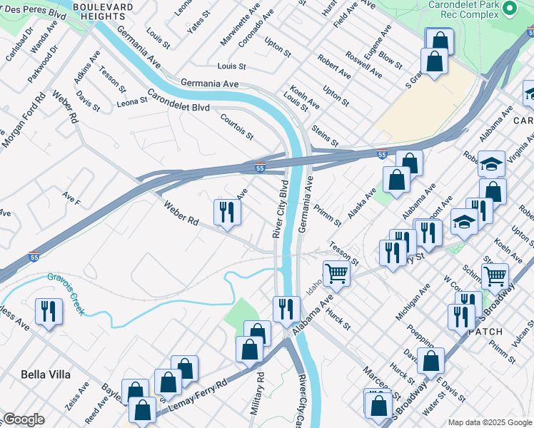 map of restaurants, bars, coffee shops, grocery stores, and more near 8110 Violaview Drive in St. Louis