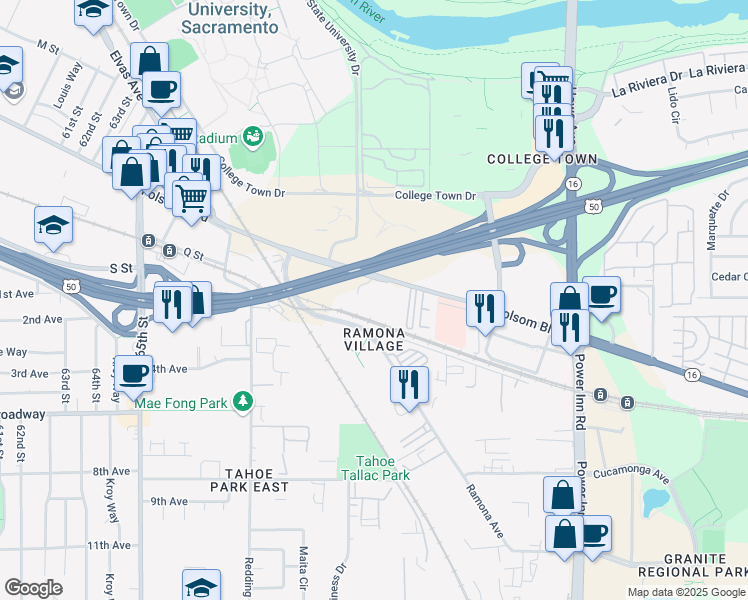 map of restaurants, bars, coffee shops, grocery stores, and more near 7324 Folsom Boulevard in Sacramento