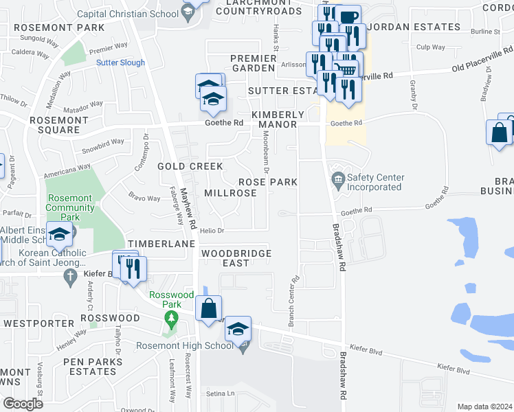 map of restaurants, bars, coffee shops, grocery stores, and more near 3769 Rock Island Drive in Sacramento
