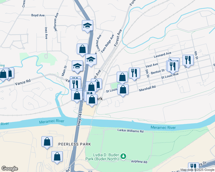 map of restaurants, bars, coffee shops, grocery stores, and more near 112 Saint Louis Avenue in Valley Park