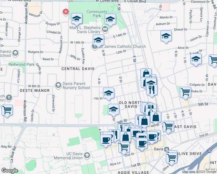 map of restaurants, bars, coffee shops, grocery stores, and more near East 8th Street & B Street in Davis