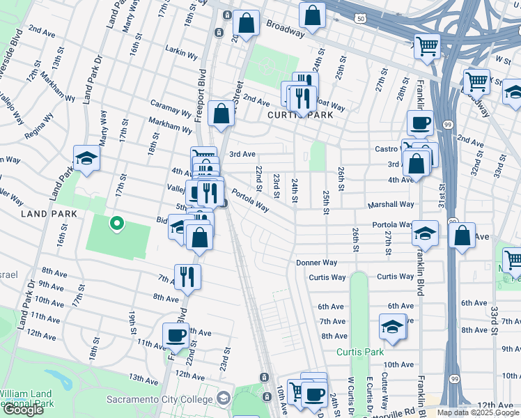 map of restaurants, bars, coffee shops, grocery stores, and more near 2322 Portola Way in Sacramento