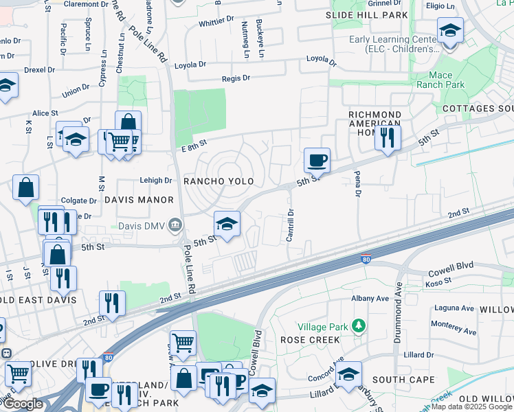 map of restaurants, bars, coffee shops, grocery stores, and more near 200 Madson Place in Davis