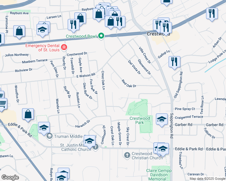 map of restaurants, bars, coffee shops, grocery stores, and more near 8915 Larchwood Court in St. Louis
