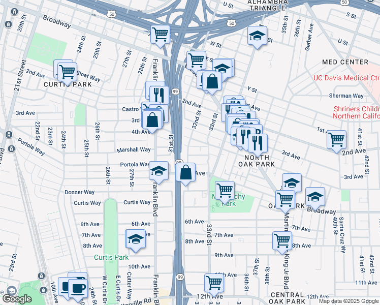map of restaurants, bars, coffee shops, grocery stores, and more near 2975 32nd Street in Sacramento