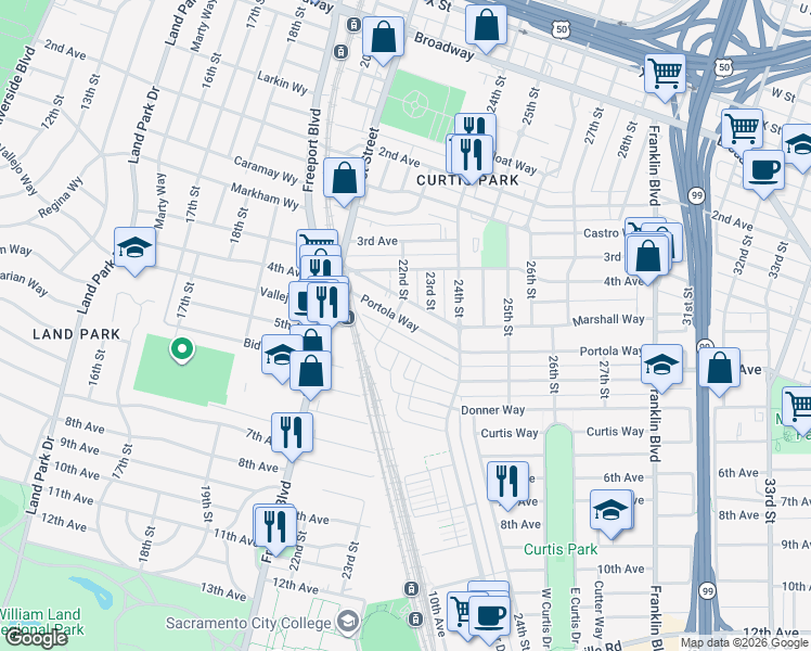 map of restaurants, bars, coffee shops, grocery stores, and more near 2322 Portola Way in Sacramento