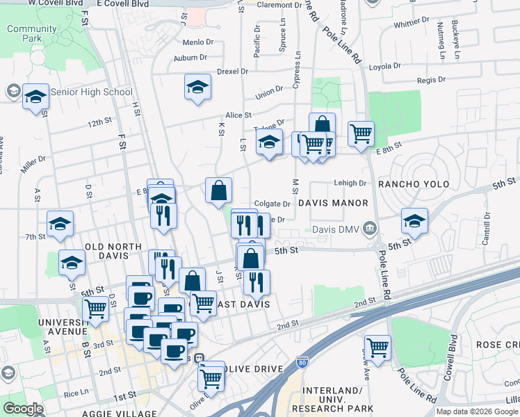 map of restaurants, bars, coffee shops, grocery stores, and more near 1316 Duke Drive in Davis