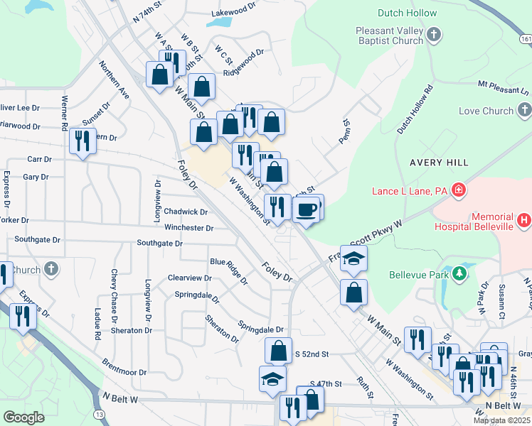 map of restaurants, bars, coffee shops, grocery stores, and more near 6000 West Washington Street in Belleville
