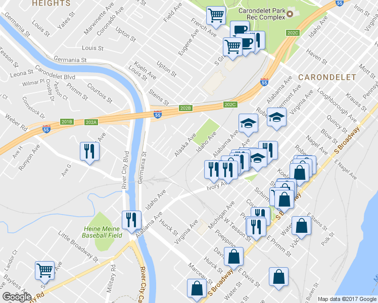 map of restaurants, bars, coffee shops, grocery stores, and more near 807 Courtois Street in St. Louis