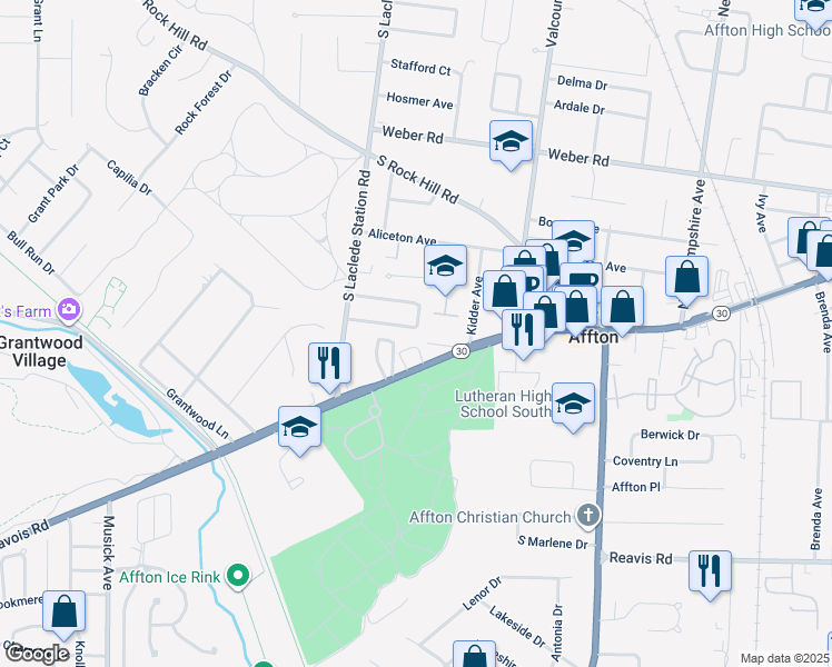 map of restaurants, bars, coffee shops, grocery stores, and more near 10161 Gravois Road in Affton