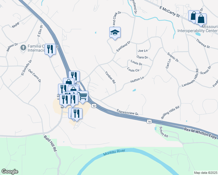 map of restaurants, bars, coffee shops, grocery stores, and more near 602 Hutton Lane in Jefferson City
